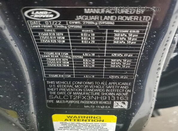 SALCT2FX3NH913163 2022 LAND ROVER DISCOVERY Gray VIN կոդի պիտակի տեսք