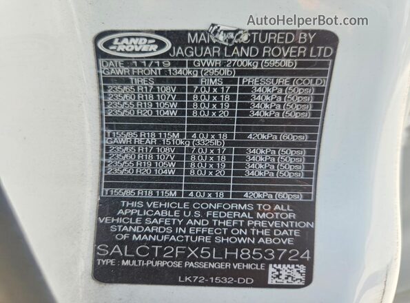 SALCT2FX5LH853724 2020 LAND ROVER DISCOVERY White სალონის 360-გრადუსიანი ხედი