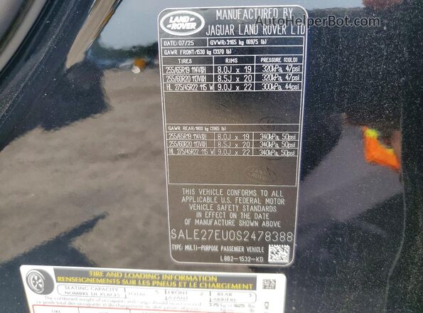 SALE27EU0S2478388 2025 LAND ROVER DEFENDER Черный Панорамный вид салона 360°