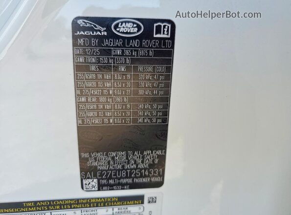 SALE27EU8T2514331 2026 LAND ROVER DEFENDER White VIN კოდის სტიკერის ხედი