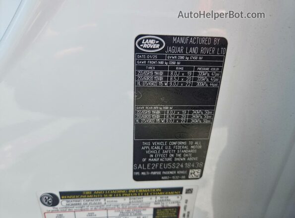 SALE2FEU5S2418438 2025 LAND ROVER DEFENDER White Vista de la etiqueta del VIN