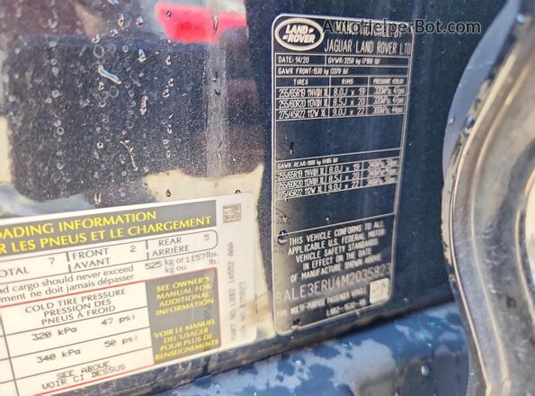 SALE3ERU4M2035823 2021 LAND ROVER DEFENDER Черный Панорамный вид салона 360°