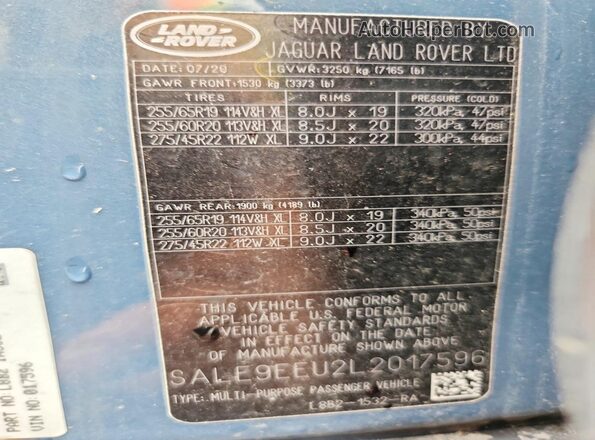 SALE9EEU2L2017596 2020 LAND ROVER DEFENDER Blue სალონის 360-გრადუსიანი ხედი
