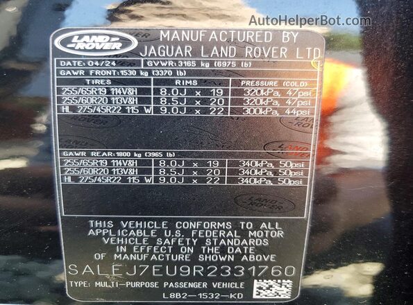 SALEJ7EU9R2331760 2024 LAND ROVER DEFENDER Черный Вид наклейки с VIN-кодом
