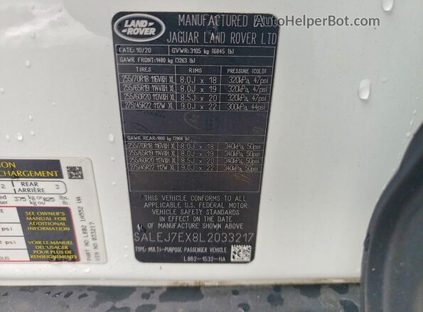 SALEJ7EX8L2033217 2020 LAND ROVER DEFENDER White Engine compartment view