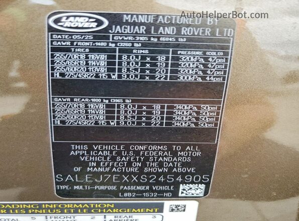SALEJ7EXXS2454905 2025 LAND ROVER DEFENDER Brown VIN კოდის სტიკერის ხედი