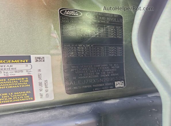 SALEJ7RX5N2095526 2022 LAND ROVER DEFENDER Green Вид наклейки з VIN-кодом