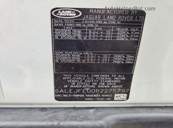 SALEJFEU0R2275797 2024 LAND ROVER DEFENDER White Вид наклейки з VIN-кодом