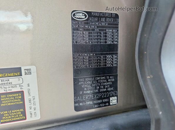SALEK7EX2P2231763 2023 LAND ROVER DEFENDER Tan Vista de la etiqueta del VIN