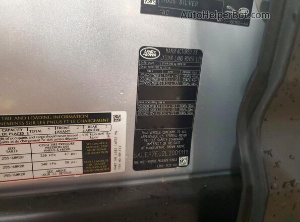 SALEP7EU2L2001111 2020 LAND ROVER DEFENDER Silver VIN sticker view