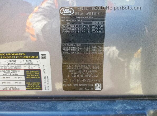 SALEPERU9M2037443 2021 LAND ROVER DEFENDER Gray Вид наклейки з VIN-кодом