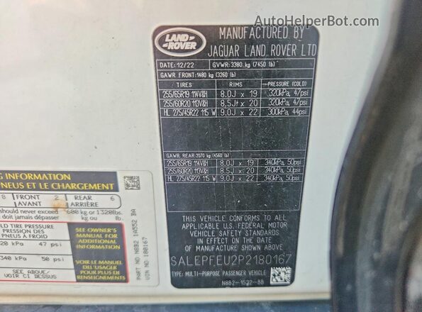 SALEPFEU2P2180167 2023 LAND ROVER DEFENDER White Vista de la etiqueta del VIN