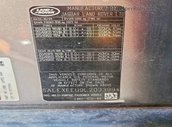 SALEXEEU9L2033994 2020 LAND ROVER DEFENDER Silver VIN sticker view