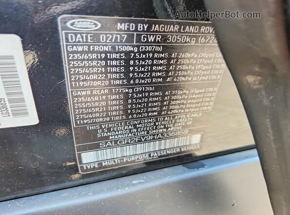 SALGR2FV9HA336859 2017 LAND ROVER RANGE Black VIN կոդի պիտակի տեսք