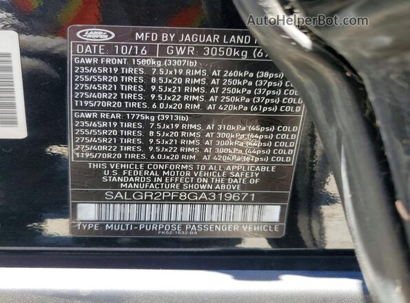 SALGR2PF8GA319671 2016 LAND ROVER RANGE Black Vista del compartimento del motor
