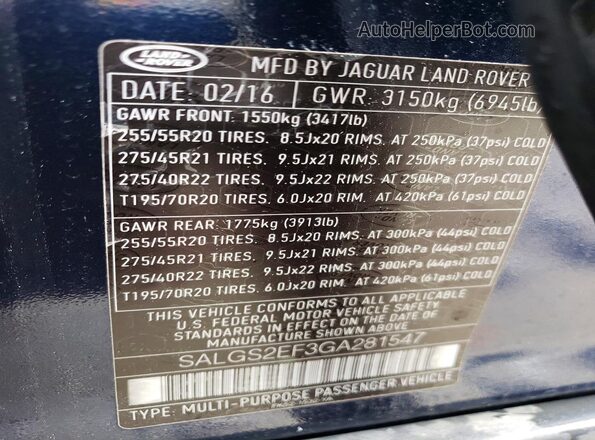SALGS2EF3GA281547 2016 LAND ROVER RANGE Blue Vista del compartimento del motor