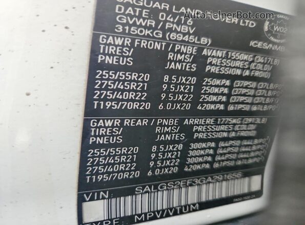 SALGS2EF3GA291656 2016 LAND ROVER RANGE Белый 