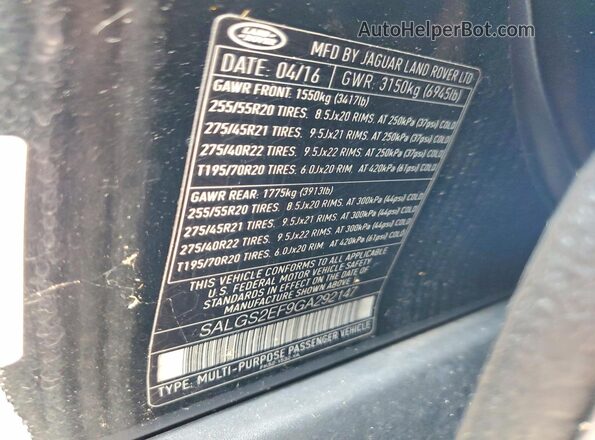 SALGS2EF9GA292147 2016 LAND ROVER RANGE Black VIN კოდის სტიკერის ხედი