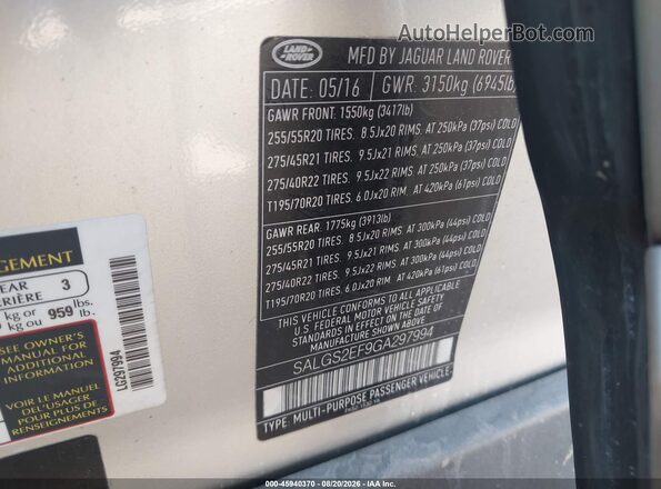 SALGS2EF9GA297994 2016 LAND ROVER RANGE ROVER Silver Вид підкапотного простору