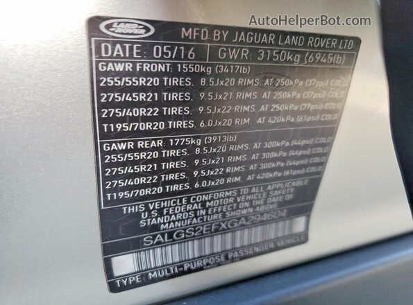 SALGS2EFXGA294604 2016 LAND ROVER RANGE Beige Widok naklejki z numerem VIN