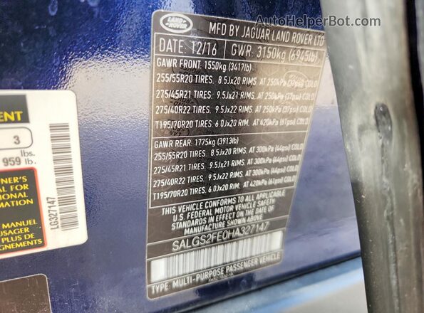 SALGS2FE0HA327147 2017 LAND ROVER RANGE Blue Вид наклейки з VIN-кодом