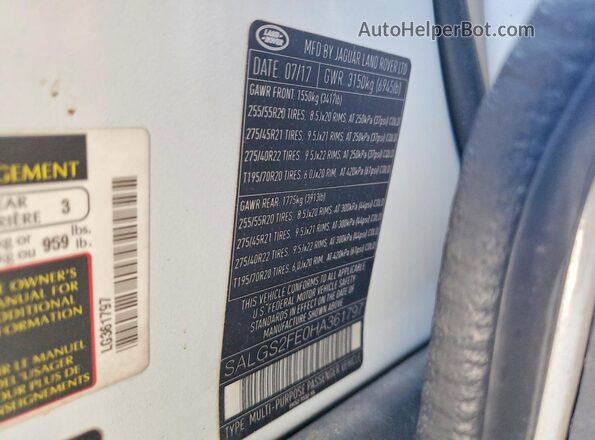 SALGS2FE0HA361797 2017 LAND ROVER RANGE White Widok komory silnika