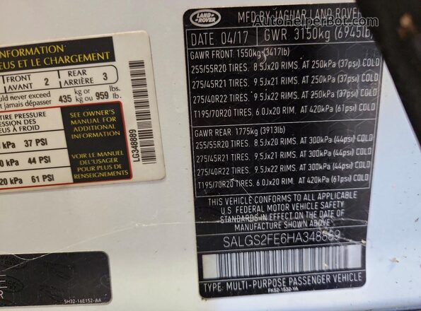SALGS2FE6HA348889 2017 LAND ROVER RANGE White 