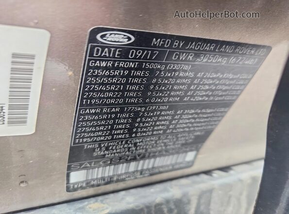 SALGS2FV1HA369441 2017 LAND ROVER RANGE Tan VIN კოდის სტიკერის ხედი