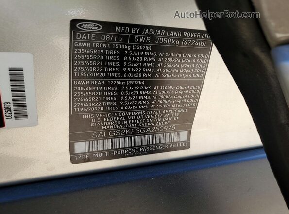 SALGS2KF3GA250979 2016 LAND ROVER RANGE Silver VIN կոդի պիտակի տեսք