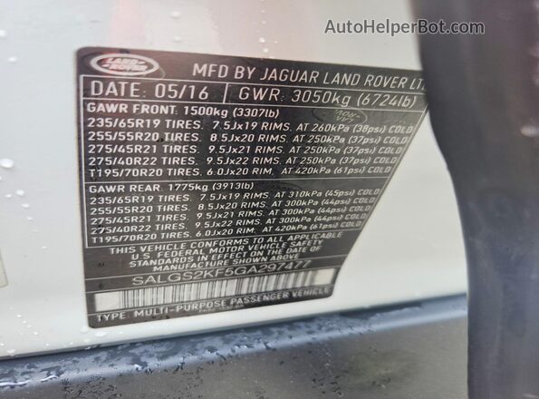 SALGS2KF5GA297477 2016 LAND ROVER RANGE White VIN კოდის სტიკერის ხედი