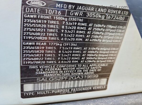 SALGS2PF2GA319699 2016 LAND ROVER RANGE ROVER White სალონის 360-გრადუსიანი ხედი