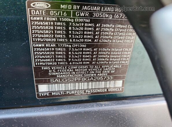 SALGS2PF8GA295733 2016 LAND ROVER RANGE Зеленый Вид наклейки с VIN-кодом