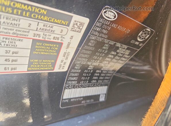SALGS2RE5KA547077 2019 LAND ROVER RANGE Black Vista de la etiqueta del VIN