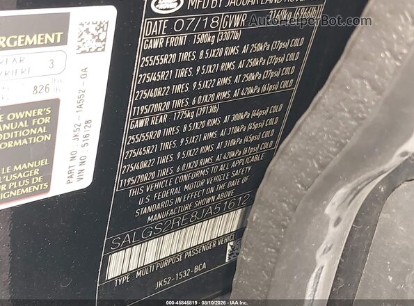 SALGS2RE8JA516128 2018 LAND ROVER RANGE ROVER Black Vista del compartimento del motor