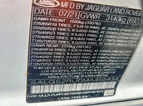 SALGS2RU0MA455434 2021 LAND ROVER RANGE White Вид наклейки з VIN-кодом