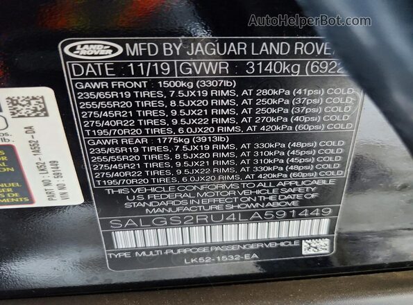 SALGS2RU4LA591449 2020 LAND ROVER RANGE Black ძრავის განყოფილების ხედი