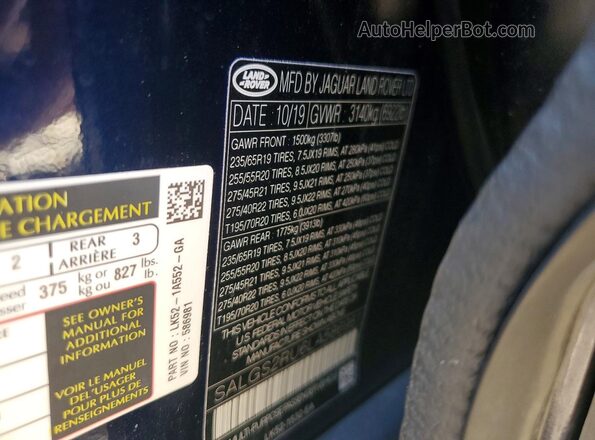 SALGS2RU6LA586981 2020 LAND ROVER RANGE Blue Вид наклейки з VIN-кодом