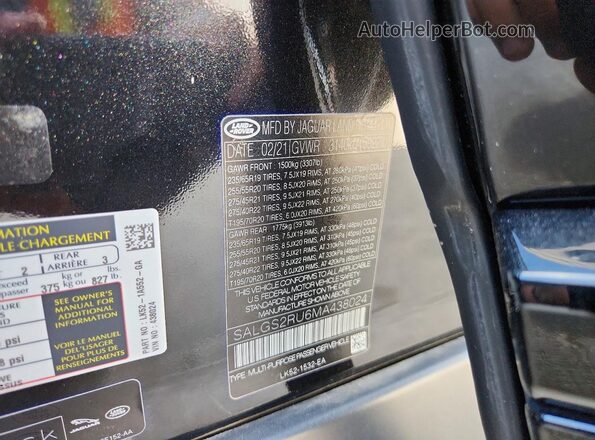 SALGS2RU6MA438024 2021 LAND ROVER RANGE Black VIN կոդի պիտակի տեսք
