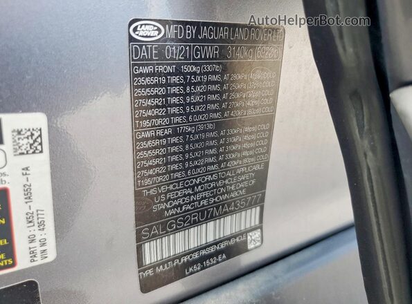 SALGS2RU7MA435777 2021 LAND ROVER RANGE Silver VIN sticker view