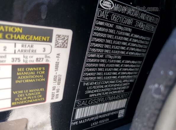 SALGS2RU7MA453017 2021 LAND ROVER RANGE Black VIN sticker view