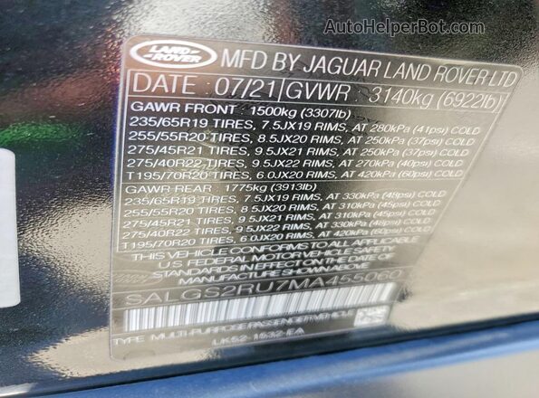 SALGS2RU7MA455060 2021 LAND ROVER RANGE Черный Вид наклейки с VIN-кодом