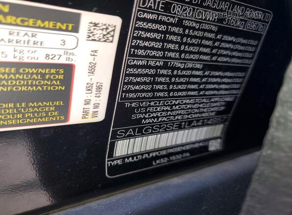 SALGS2SE1LA414957 2020 LAND ROVER RANGE Black VIN կոդի պիտակի տեսք
