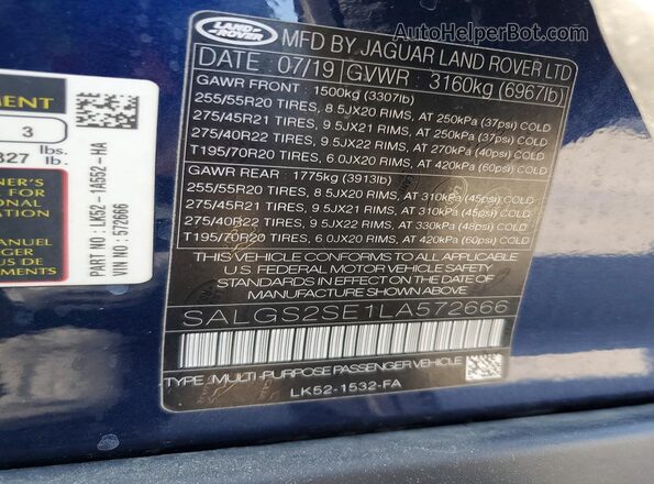 SALGS2SE1LA572666 2020 LAND ROVER RANGE Blue Widok naklejki z numerem VIN