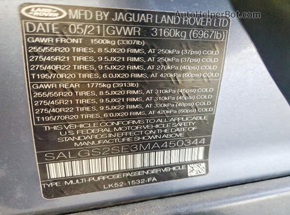 SALGS2SE3MA450344 2021 LAND ROVER RANGE Blue VIN կոդի պիտակի տեսք