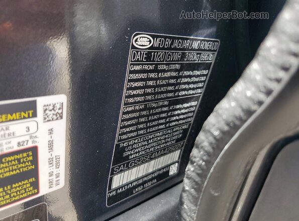 SALGS2SE4MA429227 2021 LAND ROVER RANGE Gray VIN კოდის სტიკერის ხედი