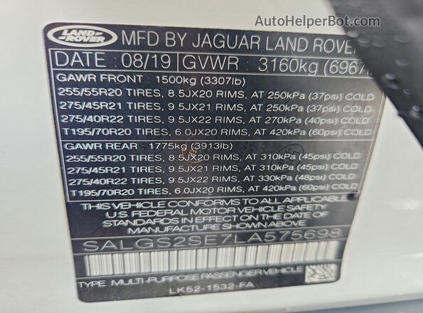 SALGS2SE7LA575698 2020 LAND ROVER RANGE White VIN կոդի պիտակի տեսք