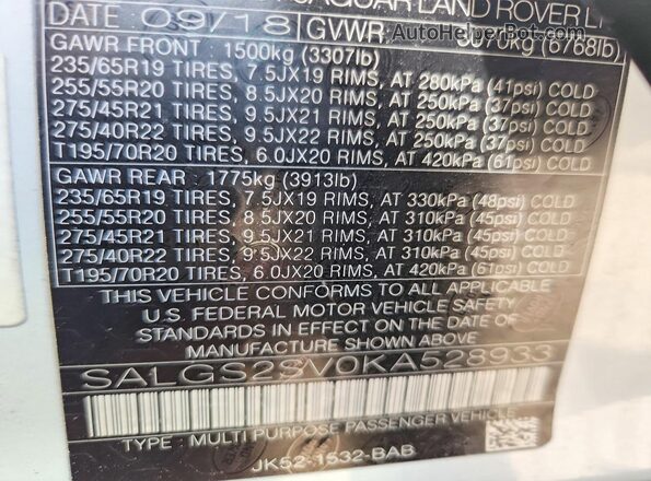SALGS2SV0KA528933 2019 LAND ROVER RANGE White Vista del compartimento del motor