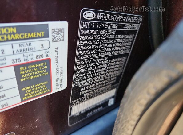 SALGS2SV5KA538177 2019 LAND ROVER RANGE Maroon VIN კოდის სტიკერის ხედი