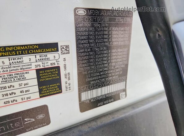 SALGS2SV6KA555229 2019 LAND ROVER RANGE White Vista de la etiqueta del VIN