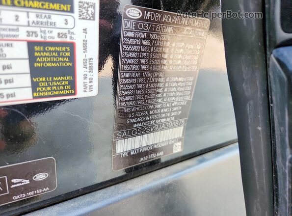 SALGS2SV9JA398875 2018 LAND ROVER RANGE Black VIN sticker view